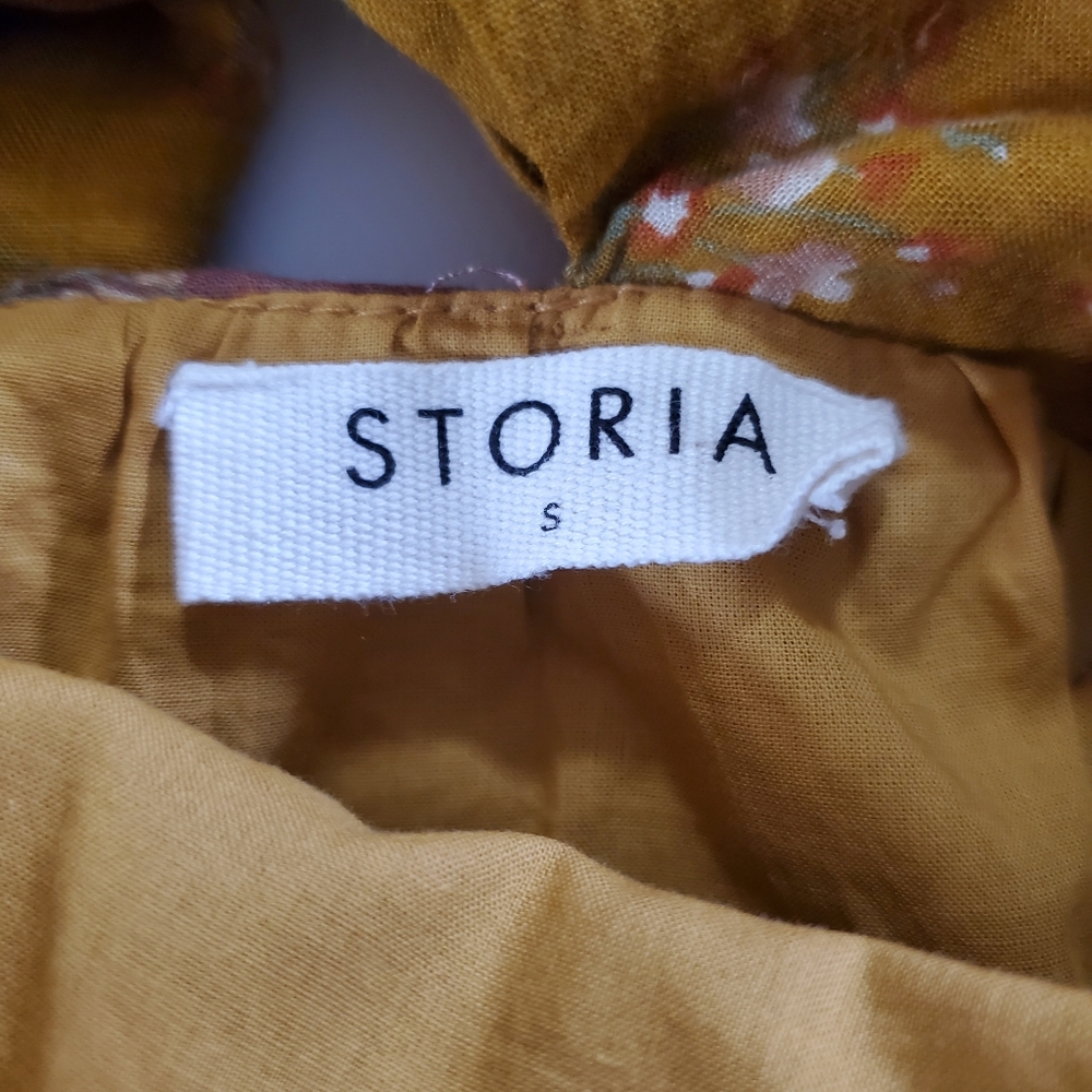 7633 * Storia Patchwork Floral Ruffle Mini Romper Mustard Brown Blue Size S - Picture 3 of 10